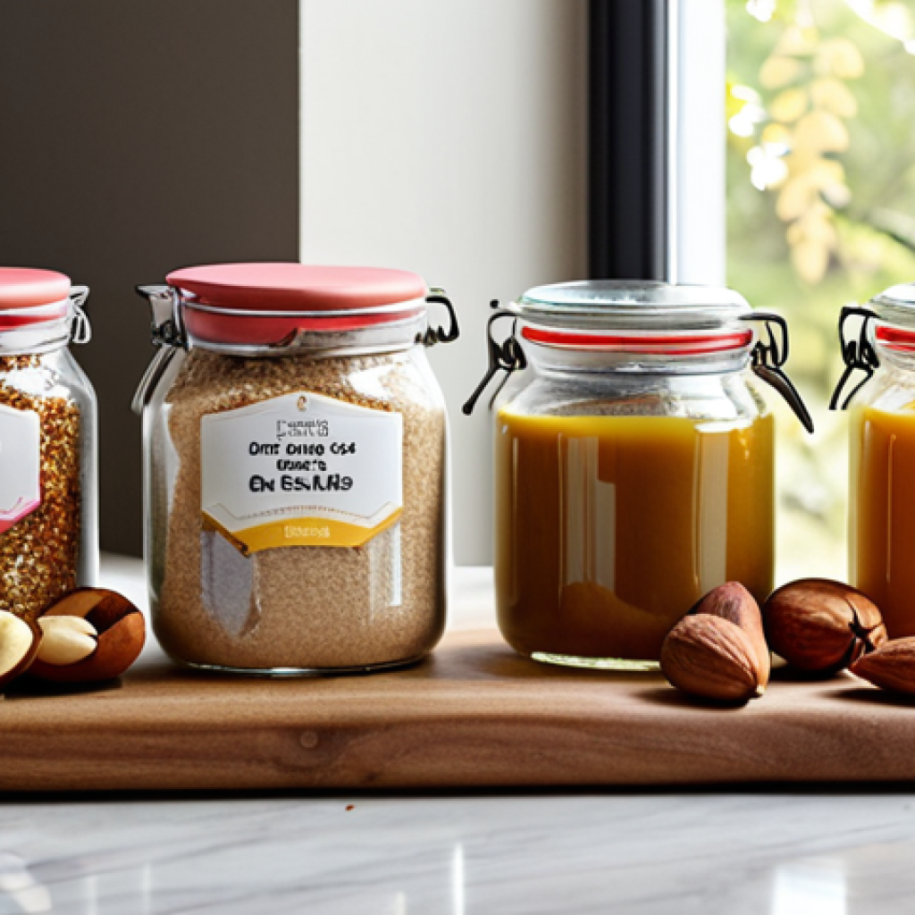 A modern, sunlit pastry kitchen workbench adorned with a diverse array of colorful, high-quality gluten-free flours in elegant glass jars – including almond, rice, quinoa, and chestnut flour – alongside natural sweeteners like golden honey and amber maple syrup. Fresh fruits and nuts are artfully scattered, symbolizing the unique flavors and textures these innovative ingredients bring to gluten-free baking. The scene evokes a sense of culinary discovery and vibrant potential.