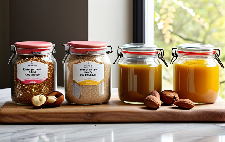 A modern, sunlit pastry kitchen workbench adorned with a diverse array of colorful, high-quality gluten-free flours in elegant glass jars – including almond, rice, quinoa, and chestnut flour – alongside natural sweeteners like golden honey and amber maple syrup. Fresh fruits and nuts are artfully scattered, symbolizing the unique flavors and textures these innovative ingredients bring to gluten-free baking. The scene evokes a sense of culinary discovery and vibrant potential.