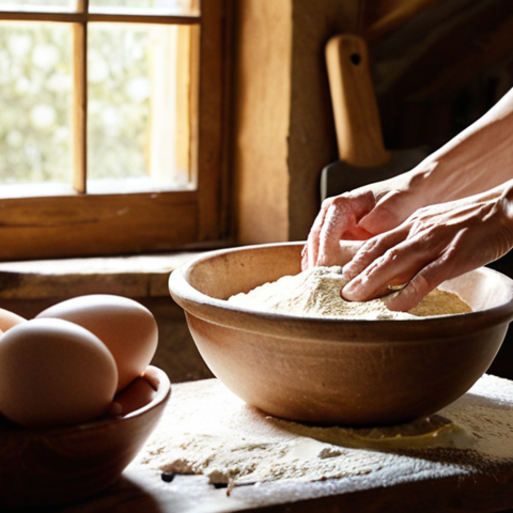 **Image Prompt:** A rustic Italian kitchen scene. A close-up shot of a baker's hands sifting *farina 00* flour, with sunlight streaming through a window onto a wooden table. Bowls of vibrant, farm-fresh eggs and artisanal butter are visible in the background.