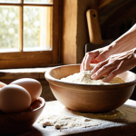 **Image Prompt:** A rustic Italian kitchen scene. A close-up shot of a baker's hands sifting *farina 00* flour, with sunlight streaming through a window onto a wooden table. Bowls of vibrant, farm-fresh eggs and artisanal butter are visible in the background.