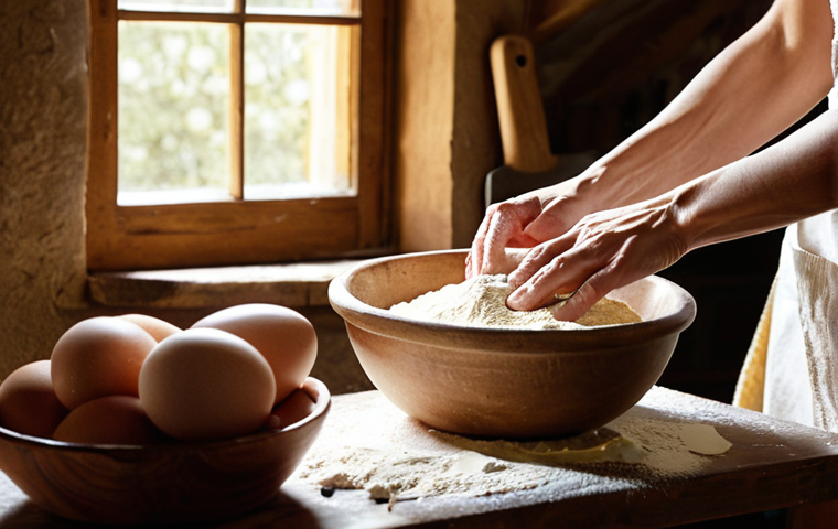 **Image Prompt:** A rustic Italian kitchen scene. A close-up shot of a baker's hands sifting *farina 00* flour, with sunlight streaming through a window onto a wooden table. Bowls of vibrant, farm-fresh eggs and artisanal butter are visible in the background.