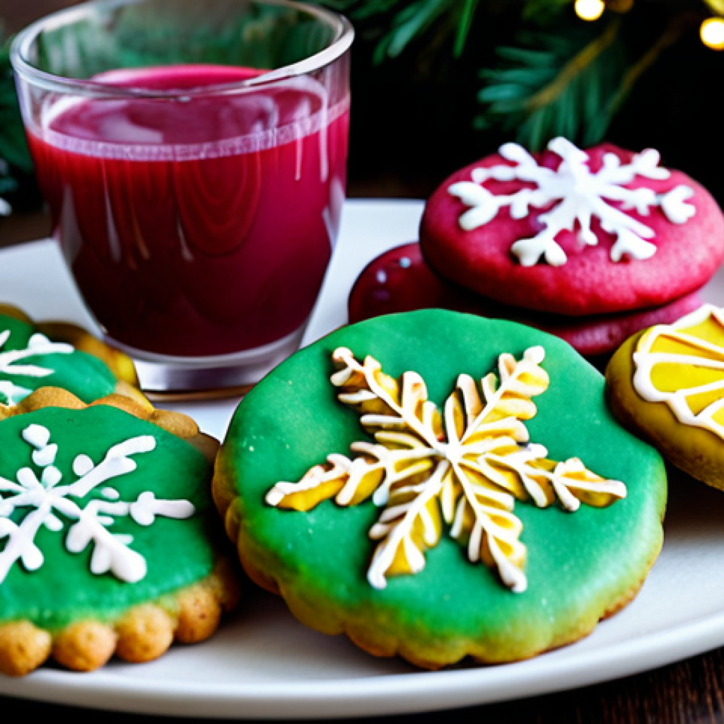 Festive Christmas Cookies**

"A beautifully decorated assortment of Christmas cookies, glazed with colorful natural icings (pink from beet juice, green from matcha, yellow from turmeric), fully clothed, appropriate attire, safe for work, perfect anatomy (on the cookies!), correct proportions (on the cookies!), festive holiday setting, family-friendly, professional food photography, high quality."

**