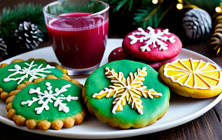 Festive Christmas Cookies**
"A beautifully decorated assortment of Christmas cookies, glazed with colorful natural icings (pink from beet juice, green from matcha, yellow from turmeric), fully clothed, appropriate attire, safe for work, perfect anatomy (on the cookies!), correct proportions (on the cookies!), festive holiday setting, family-friendly, professional food photography, high quality."
**