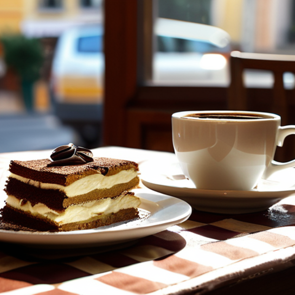 Tiramisu & Coffee in a Cozy Italian Cafe**
"A perfectly layered tiramisu sits next to a steaming cup of espresso on a checkered tablecloth in a charming Italian cafe. Sunlight streams through a window, illuminating the scene. Patrons are softly blurred in the background, enjoying their afternoon coffee. Focus on the textures of the mascarpone cream, cocoa powder, and biscotti. Professional food photography, high resolution, perfect composition, safe for work, appropriate content, fully clothed, family-friendly."
**
