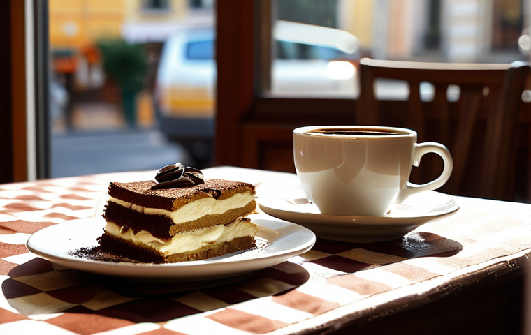 Tiramisu & Coffee in a Cozy Italian Cafe**
"A perfectly layered tiramisu sits next to a steaming cup of espresso on a checkered tablecloth in a charming Italian cafe. Sunlight streams through a window, illuminating the scene. Patrons are softly blurred in the background, enjoying their afternoon coffee. Focus on the textures of the mascarpone cream, cocoa powder, and biscotti. Professional food photography, high resolution, perfect composition, safe for work, appropriate content, fully clothed, family-friendly."
**
