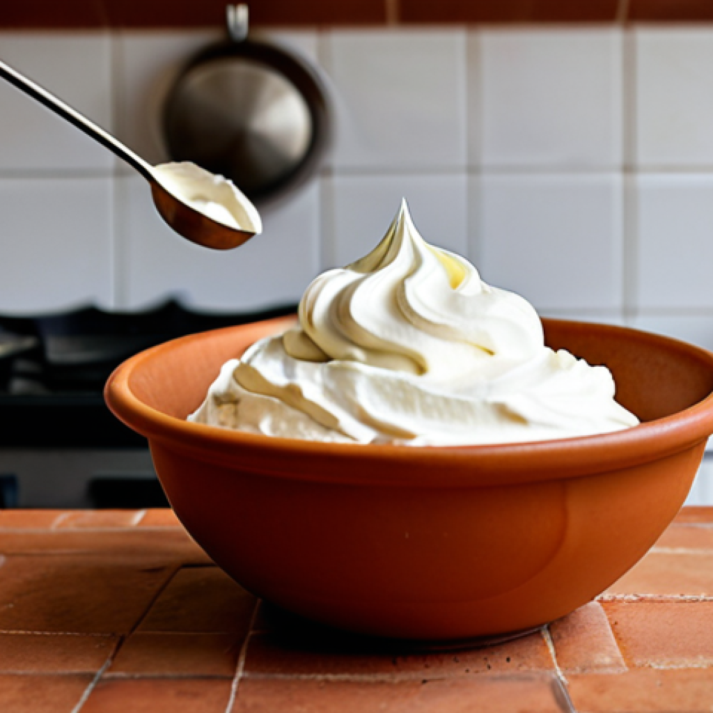 제빵용 크림 제조사 비교 - Panna Montata (Whipped Cream)**
A close-up of a bowl of perfectly whipped Debic cream, with a whisk...