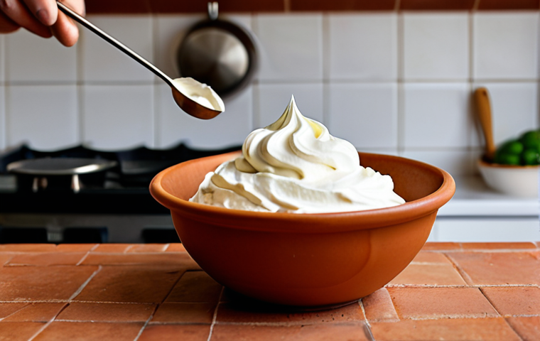 제빵용 크림 제조사 비교 - Panna Montata (Whipped Cream)**
A close-up of a bowl of perfectly whipped Debic cream, with a whisk...