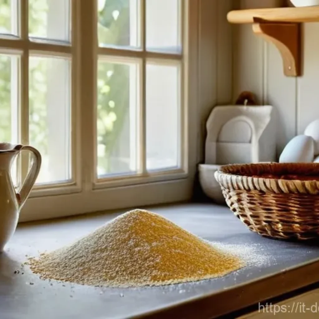 디저트 재료 목록 - **Prompt:** A cozy, sunlit kitchen counter laden with a variety of baking flours. In the foreground,...