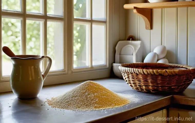 디저트 재료 목록 - **Prompt:** A cozy, sunlit kitchen counter laden with a variety of baking flours. In the foreground,...