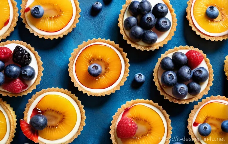 디저트 재료 트렌드 - A close-up, top-down shot of a collection of delightful, naturally sweetened fruit tarts. Each tart ...