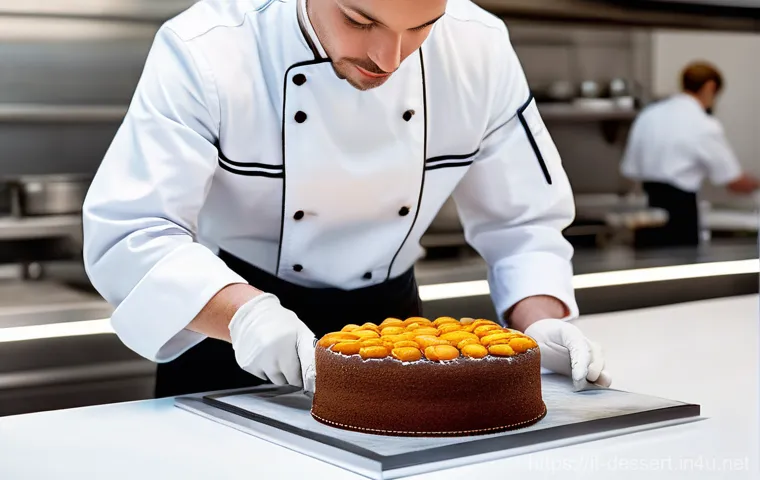 전통 디저트와 현대식 비교 - **A sophisticated, high-end pastry creation displayed on a pristine, minimalist white plate.** The d...