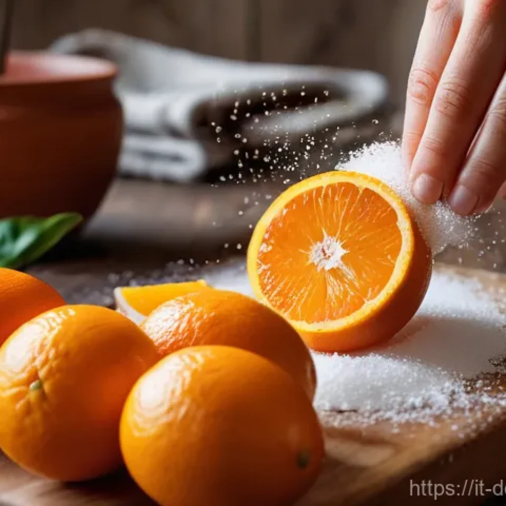 오렌지 케이크 만들기 - A close-up shot in a sunlit Italian kitchen, focusing on hands delicately grating the vibrant orange...