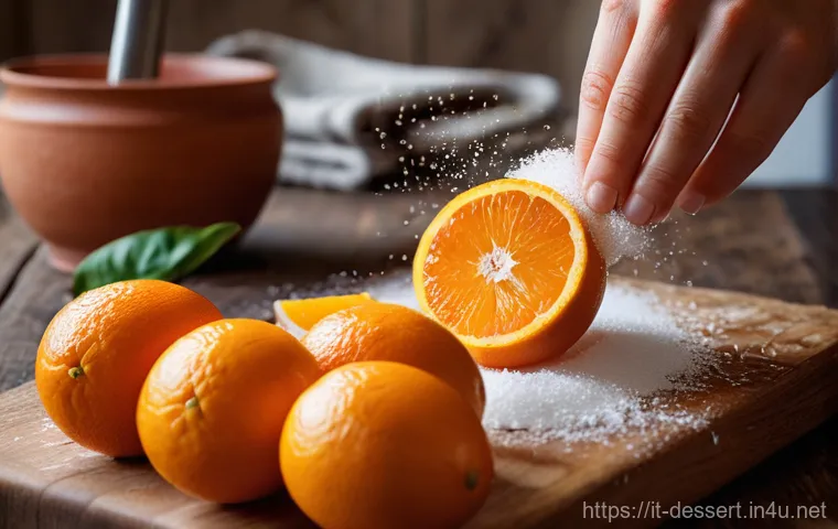 오렌지 케이크 만들기 - A close-up shot in a sunlit Italian kitchen, focusing on hands delicately grating the vibrant orange...