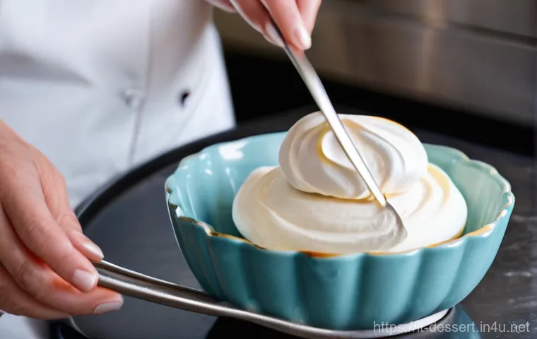 홈메이드 마카롱 만들기 - **"The Art of the Meringue"**: A close-up, high-angle shot in a brightly lit, clean, modern kitchen....
