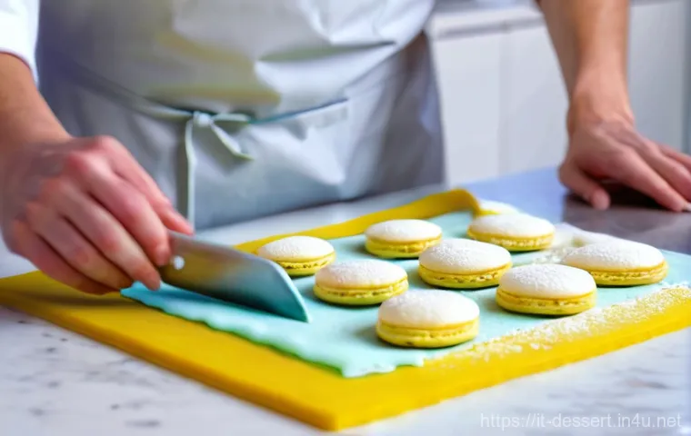 홈메이드 마카롱 만들기 - **"The Art of the Meringue"**: A close-up, high-angle shot in a brightly lit, clean, modern kitchen....
