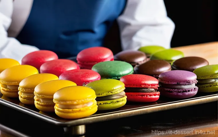 홈메이드 마카롱 만들기 - **"Macaronage and Perfect Piping"**: A dynamic, mid-angle shot capturing the "macaronage" process an...