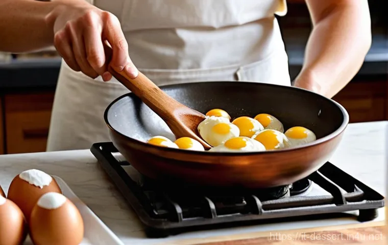 슈크림 만들기 - **Prompt:** A close-up, warm-toned photograph capturing the intricate process of making choux pastry...
