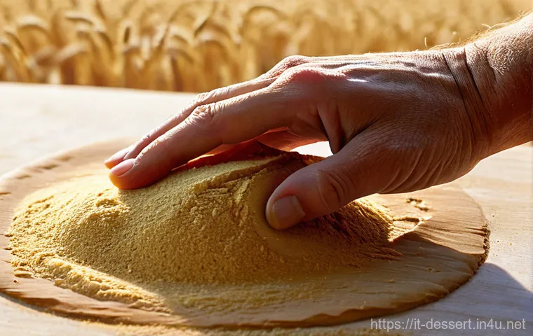 유기농 제빵 재료 - **"La Magia della Farina Biologica": The Essence of Organic Flour and Dough**
    "A close-up shot c...