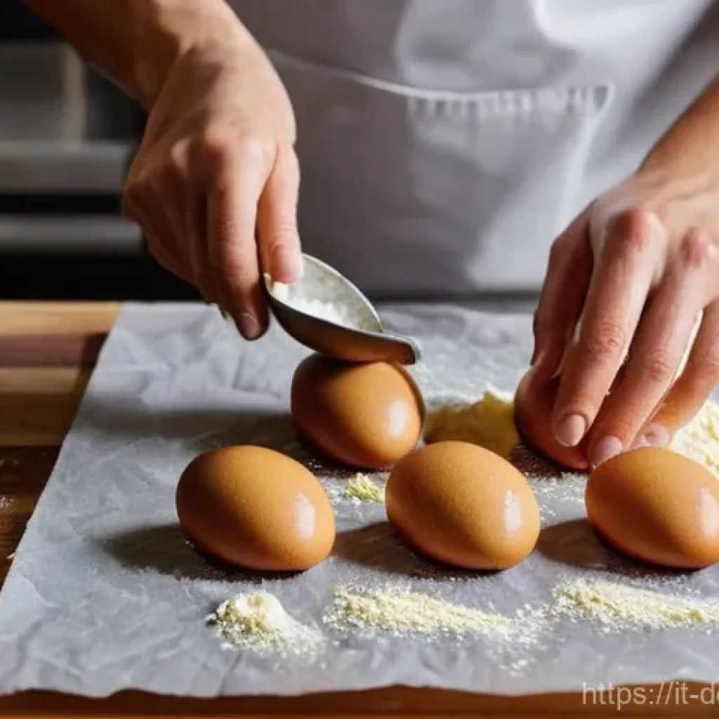 마들렌 만드는 법 - **Preparation of Exquisite Madeleines**
A high-angle, close-up shot capturing a chef's elegant h...