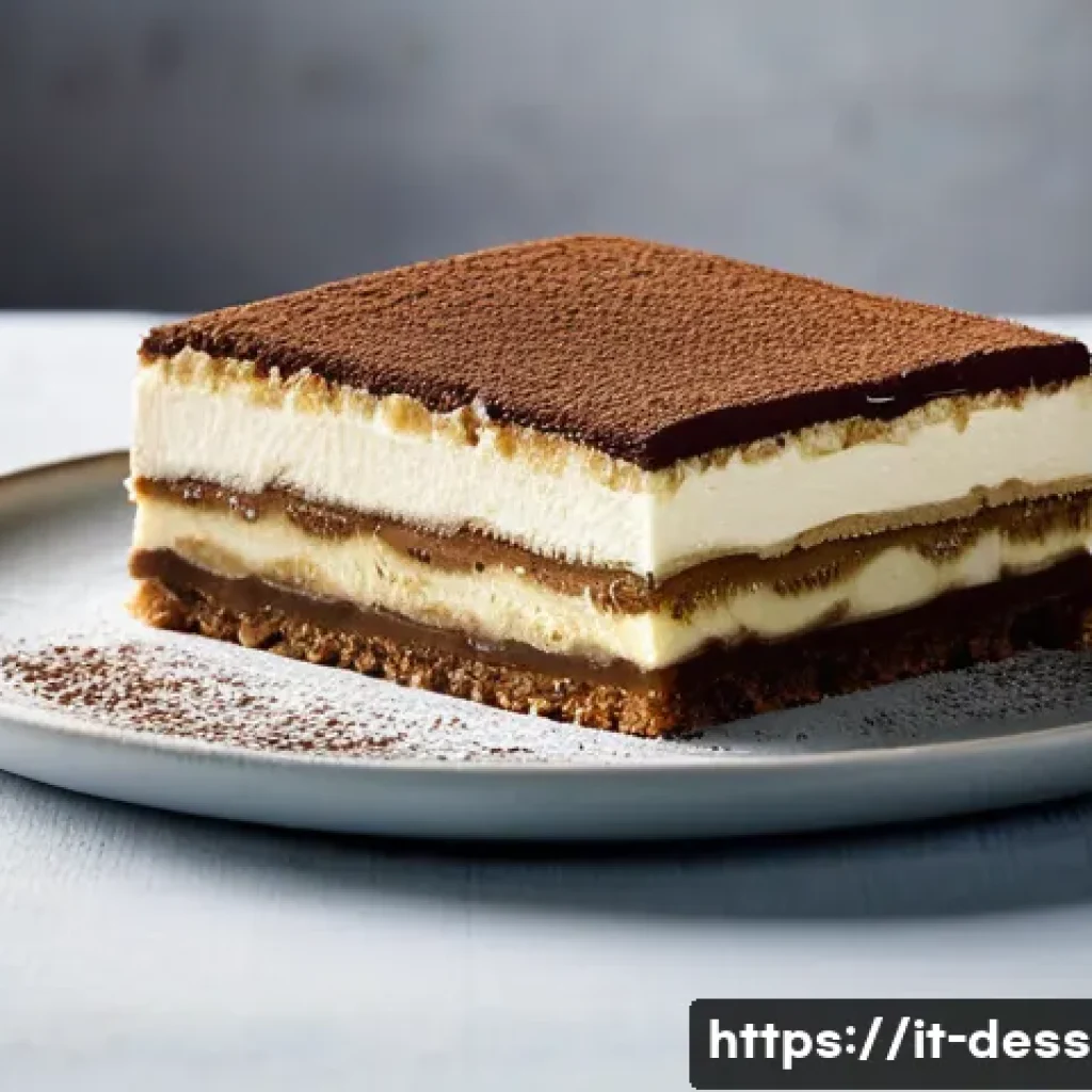 디저트 영양소 분석 - **A delectable Tiramisu slice, perfectly layered and inviting.** The image should capture a generous...