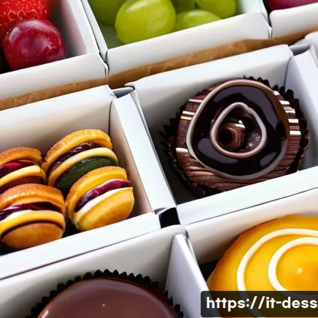 프리미엄 디저트 상자 - **Prompt:** "A beautifully arranged premium dessert box, open to reveal an assortment of colorful an...
