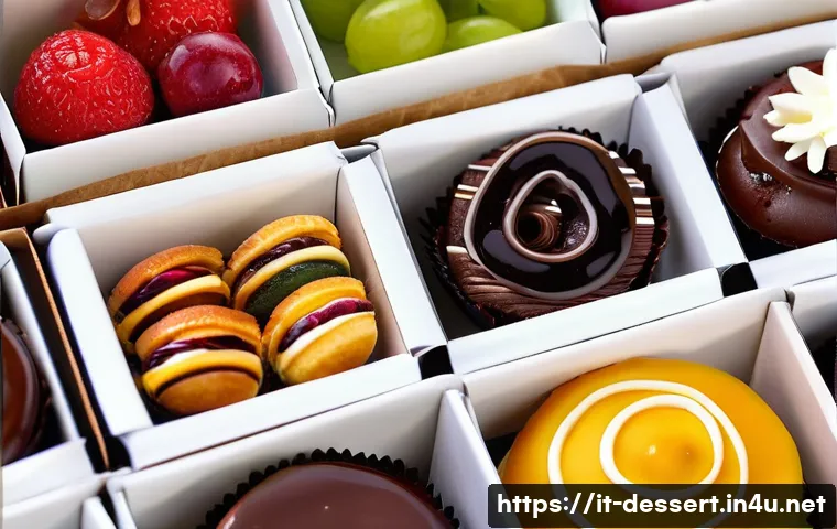 프리미엄 디저트 상자 - **Prompt:** "A beautifully arranged premium dessert box, open to reveal an assortment of colorful an...