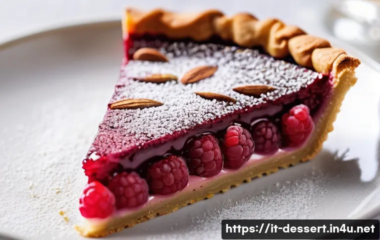 다이어트 디저트 - **A Vibrant and Light Raspberry-Almond Tart:**
A close-up shot of a beautifully crafted, individ...