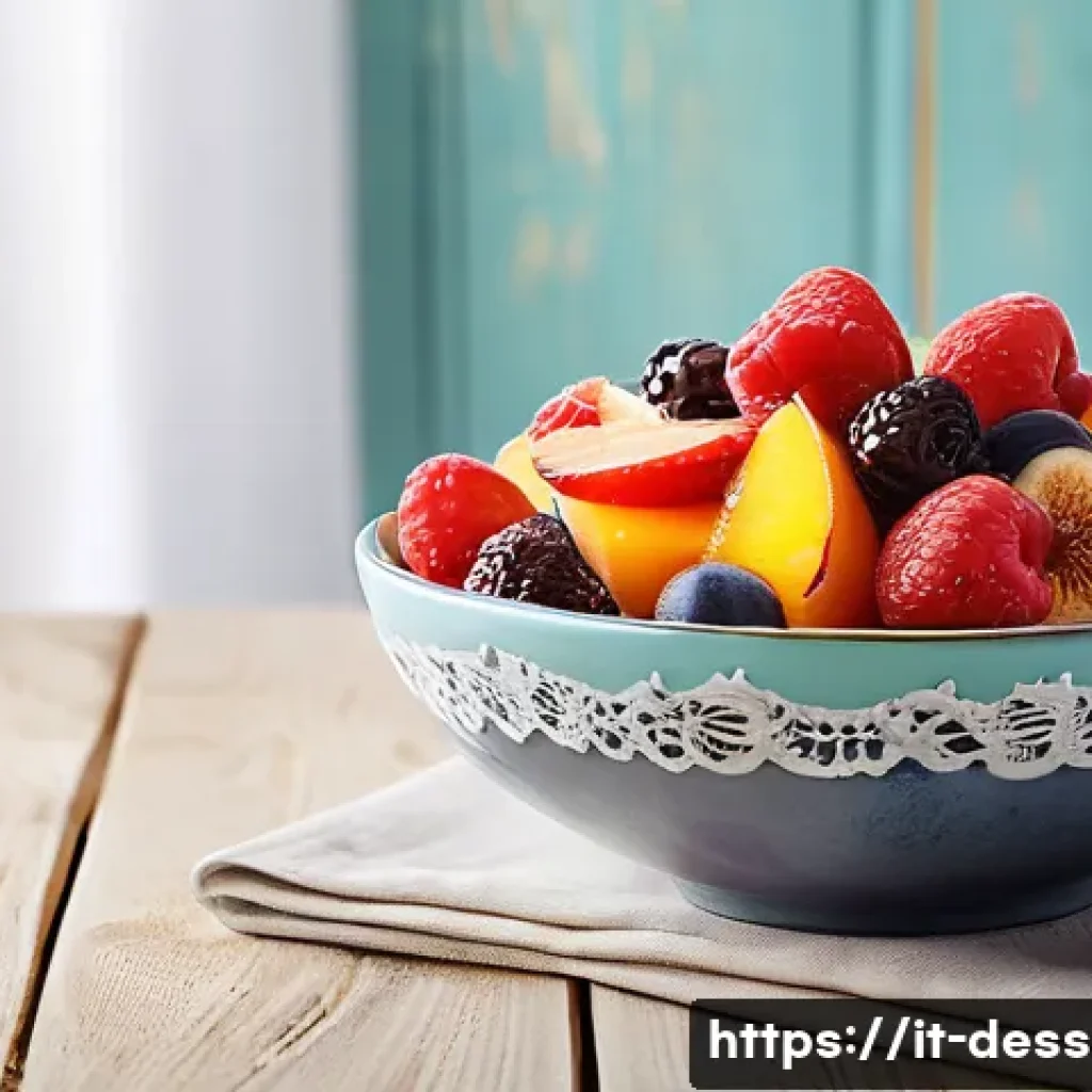 로맨틱 디저트 레시피 - A romantic dessert scene featuring a vibrant bowl of fresh seasonal fruit salad with strawberries, r...