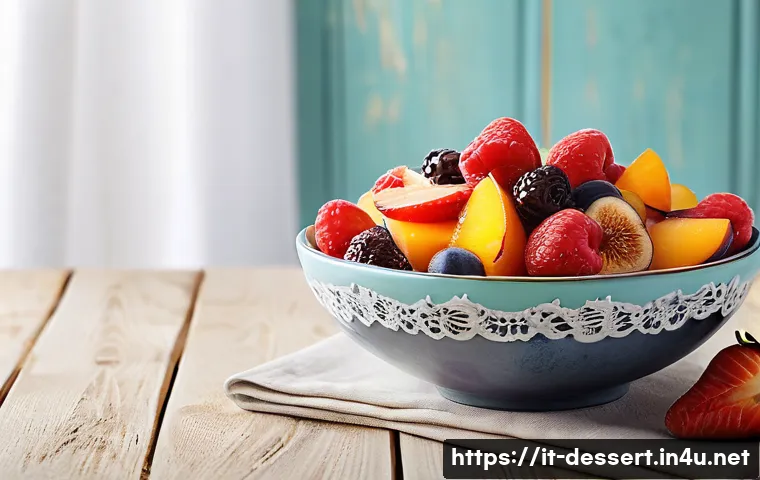 로맨틱 디저트 레시피 - A romantic dessert scene featuring a vibrant bowl of fresh seasonal fruit salad with strawberries, r...
