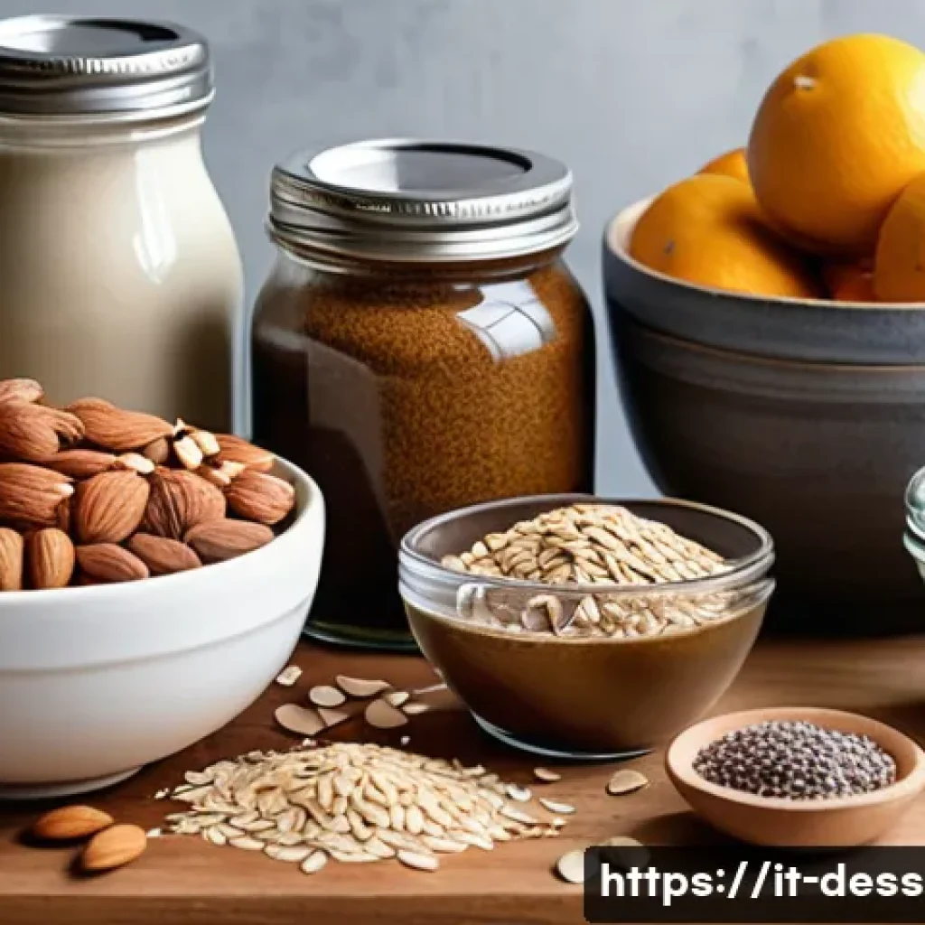 비건 디저트 - A rustic kitchen scene showcasing an assortment of vegan baking ingredients on a wooden table: whole...