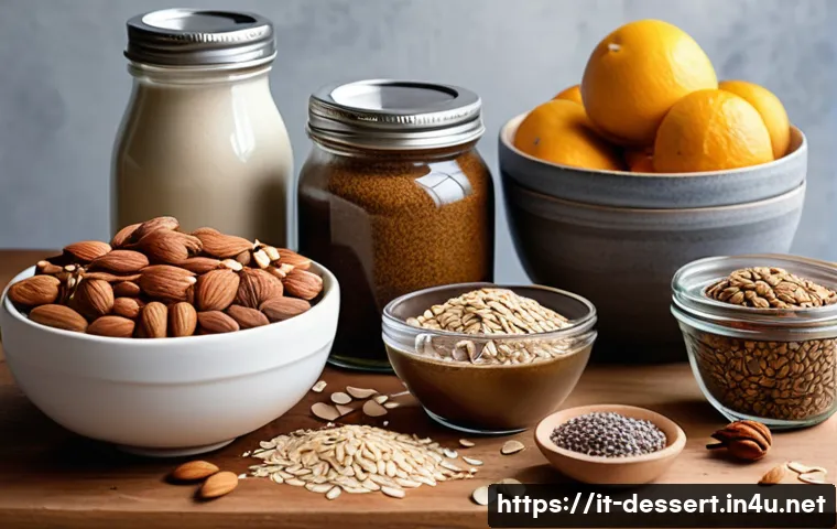 비건 디저트 - A rustic kitchen scene showcasing an assortment of vegan baking ingredients on a wooden table: whole...