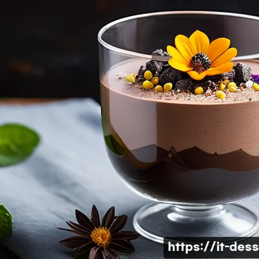 디저트 트렌드 - A luxurious dessert mousse served in a clear glass bowl, featuring rich dark chocolate infused with ...