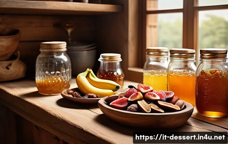 무설탕 디저트 - A rustic kitchen scene showcasing natural sweeteners: a wooden table with jars of golden honey and a...