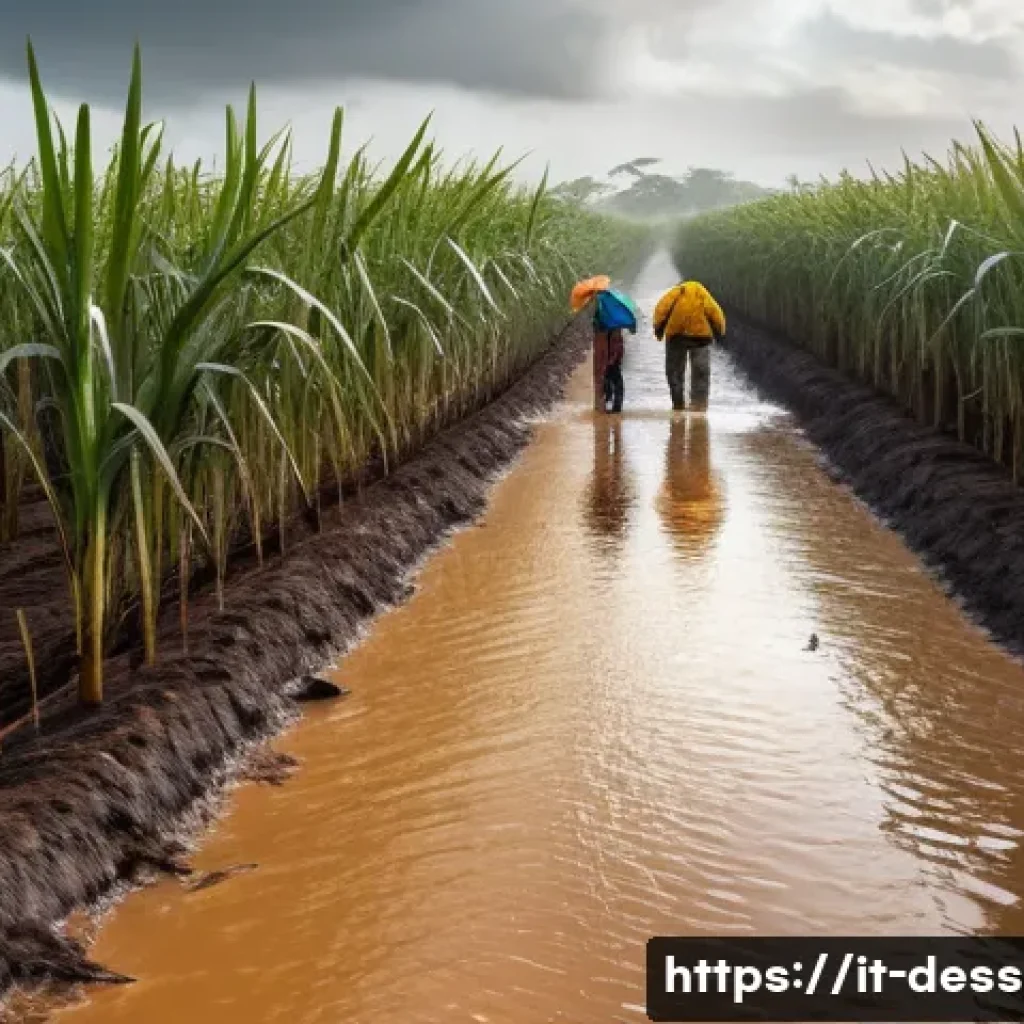 설탕 가격 인상 - A detailed, realistic scene of a Brazilian sugarcane field under extreme weather conditions: parched...
