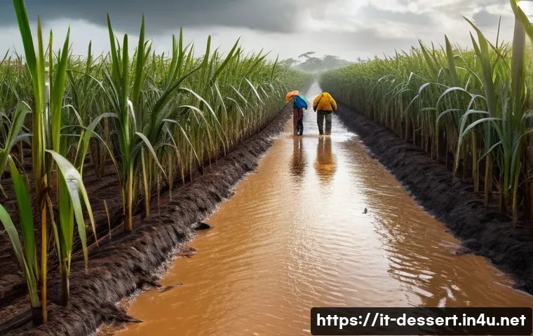 설탕 가격 인상 - A detailed, realistic scene of a Brazilian sugarcane field under extreme weather conditions: parched...