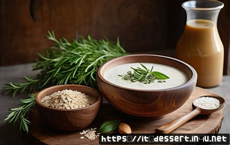 크림 파우더 대체품 - A rustic kitchen scene showcasing a wooden table with natural creamy ingredients arranged artfully: ...