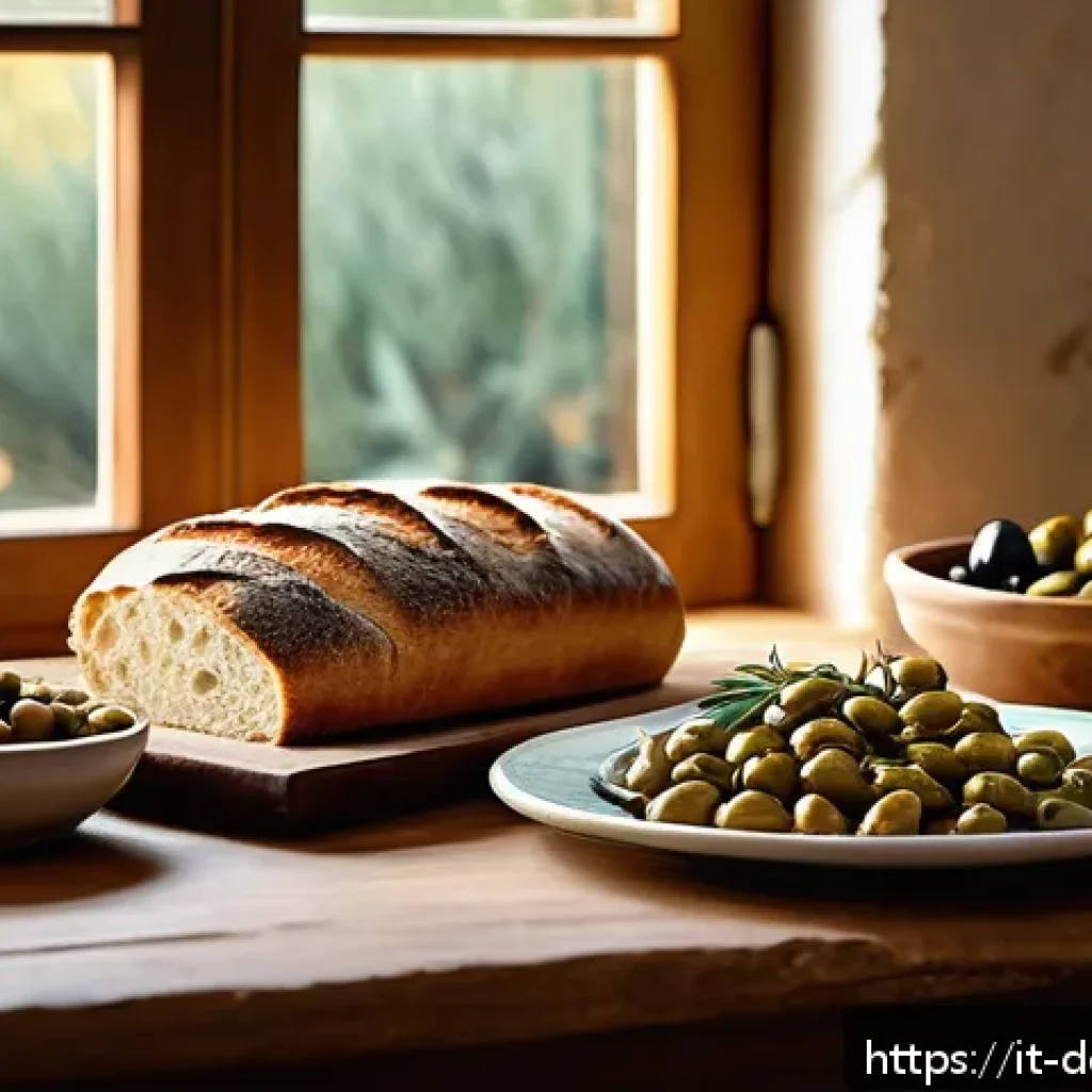 버터 대체재 사용법 - A cozy Italian kitchen scene showcasing a rustic wooden table with freshly baked bread drizzled gene...