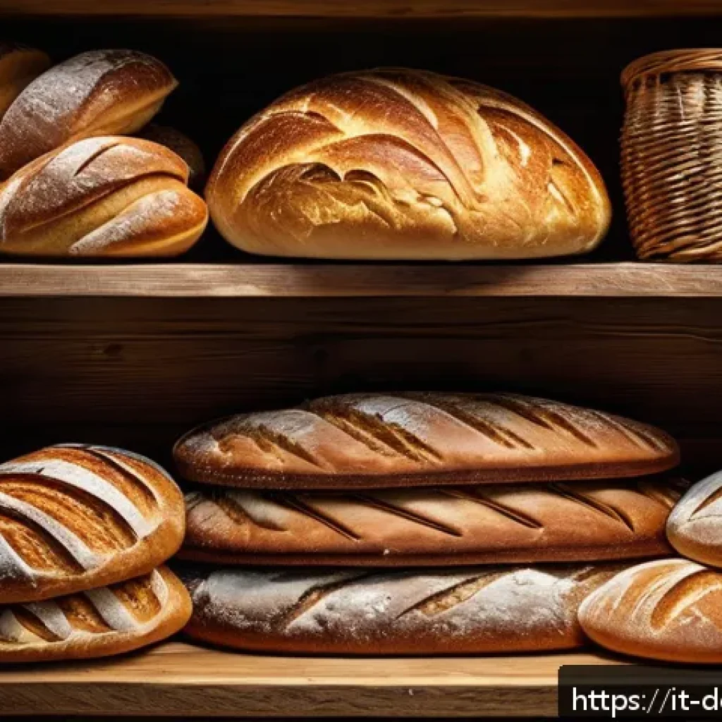 제빵 밀가루 영양소 - A rustic Italian bakery scene showcasing an assortment of artisanal breads made from different types...