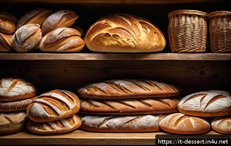 제빵 밀가루 영양소 - A rustic Italian bakery scene showcasing an assortment of artisanal breads made from different types...