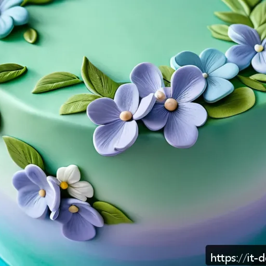 케이크 데코레이션 - A close-up image of an elegantly decorated cake featuring delicate sugar paste flowers and leaves, c...