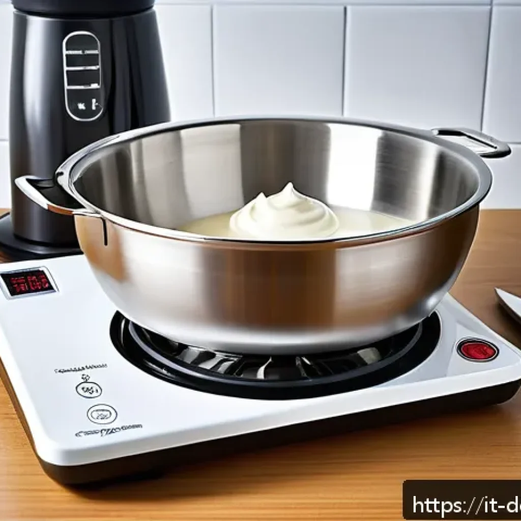 디저트에 쓰는 생크림 - A professional kitchen scene featuring a stainless steel mixing bowl and chilled electric beaters pr...