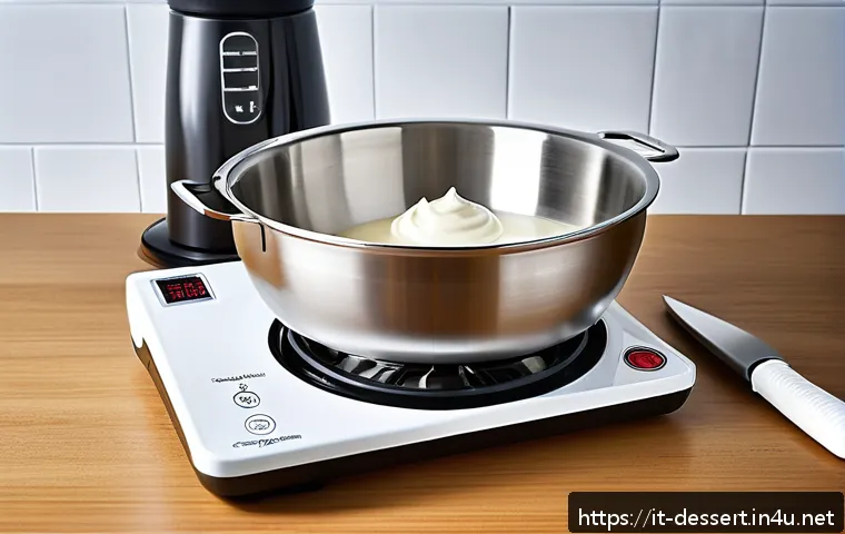 디저트에 쓰는 생크림 - A professional kitchen scene featuring a stainless steel mixing bowl and chilled electric beaters pr...
