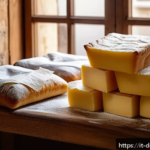 Home 32 제빵용 버터 가격 비교 - A rustic Italian bakery kitchen scene featuring a wooden table covered with various types of butter:...