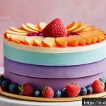 Home 19 디저트 장식 아이디어 - A vibrant dessert scene featuring a multi-layered pastel ombré cake adorned with fresh seasonal frui...