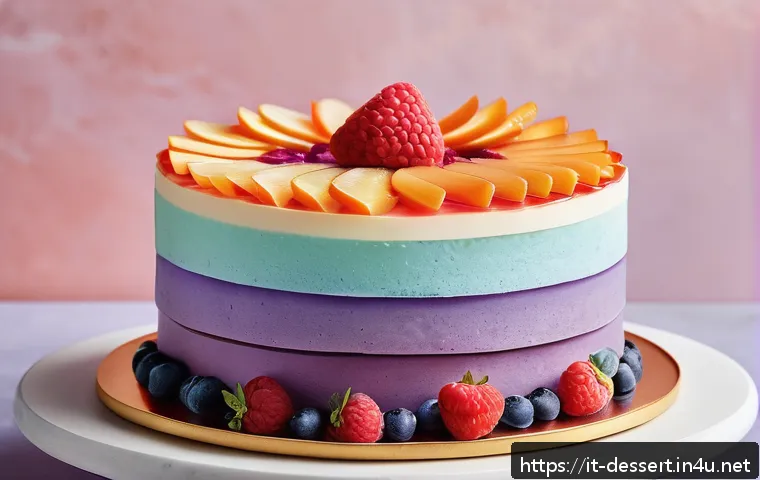 디저트 장식 아이디어 - A vibrant dessert scene featuring a multi-layered pastel ombr&eacute; cake adorned with fresh seasonal frui...