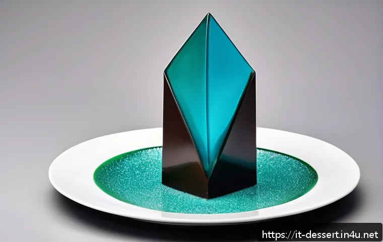 디저트 모양 변화 - A modern dessert sculpture made of glossy sugar and dark chocolate, featuring bold geometric shapes ...