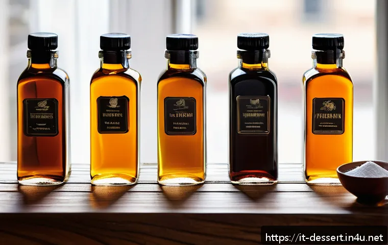 바닐라 추출물 가격 비교 - A rustic Italian gourmet kitchen scene showcasing a collection of premium vanilla extract bottles fr...