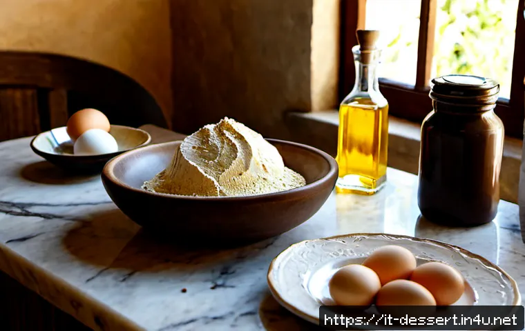 Home 17 프리미엄 제빵 재료 - Photorealistic premium Italian baking ingredients arranged on a rustic marble kitchen counter: fine ...