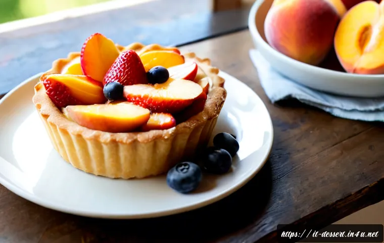 Home 17 과일 디저트 - Photorealistic Italian summer fruit tart on a rustic ceramic plate, crisp golden pastry filled with ...